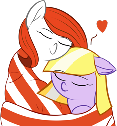 Size: 2234x2393 | Tagged: safe, artist:mraagh, oc, oc only, oc:maze, oc:rosy wings, pony, cuddling, eyes closed, female, filly, foal, happy, heart, high res, hug, lavender coat, mare, red mane, shipping, simple background, towel, transparent background, white coat