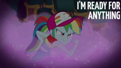 Size: 1920x1080 | Tagged: safe, edit, edited screencap, editor:quoterific, screencap, rainbow dash, human, equestria girls, equestria girls specials, g4, my little pony equestria girls: better together, my little pony equestria girls: spring breakdown, baseball cap, cap, clothes, female, grin, hat, shirt, sleeveless, sleeveless shirt, smiling, solo