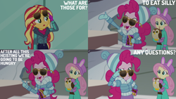 Size: 4400x2475 | Tagged: safe, edit, edited screencap, editor:quoterific, screencap, fluttershy, pinkie pie, sunset shimmer, bird, human, owl, equestria girls, equestria girls specials, g4, my little pony equestria girls: better together, my little pony equestria girls: holidays unwrapped, winter break-in