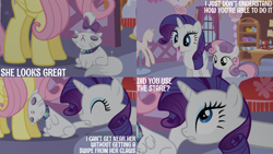 Size: 4400x2475 | Tagged: safe, edit, edited screencap, editor:quoterific, screencap, fluttershy, opalescence, rarity, sweetie belle, cat, pegasus, pony, unicorn, g4, season 1, stare master, carousel boutique, sewing machine