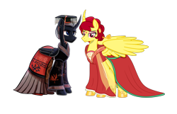 Size: 2062x1324 | Tagged: safe, artist:rainshadow, artist:starshade, oc, oc only, alicorn, pony, 2023 community collab, derpibooru community collaboration, alicorn oc, base used, chinese, chinese dress, clothes, dress, duo, eyeshadow, female, horn, makeup, male, mare, simple background, transparent background, wings