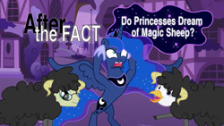 Size: 1024x576 | Tagged: safe, artist:mlp-silver-quill, princess luna, oc, oc:silver quill, oc:voice of reason, alicorn, earth pony, hippogriff, pony, after the fact, do princesses dream of magic sheep, g4, screaming, title card, trio, youtube link