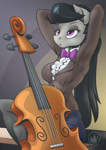 Size: 955x1351 | Tagged: safe, artist:mysticalpha, octavia melody, earth pony, anthro, arm behind head, bowtie, breasts, busty octavia melody, button-up shirt, cello, clothes, female, lidded eyes, musical instrument, pants, shading, shirt, sitting, solo