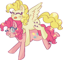 Size: 943x890 | Tagged: safe, artist:troublelooksforme, pinkie pie, surprise, earth pony, pegasus, pony, g1, g4, duo, eyes closed, female, g1 to g4, generation leap, one eye closed, simple background, transparent background