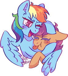 Size: 598x671 | Tagged: safe, artist:troublelooksforme, rainbow dash, scootaloo, pegasus, pony, :p, blushing, duo, eyes closed, female, filly, floppy ears, foal, hug, mare, one eye closed, open mouth, scootalove, signature, simple background, tongue out, transparent background, winghug, wings, wink