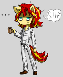 Size: 2272x2768 | Tagged: safe, artist:daazzlin, sunset shimmer, anthro, equestria girls, g4, coffee, cropped, female, gray background, high res, human sunset, simple background, sunlit shimmer, thought bubble, tired