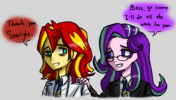 Size: 3264x1848 | Tagged: safe, artist:daazzlin, starlight glimmer, sunset shimmer, human, equestria girls, g4, cropped, duo, female, glasses, human starlight, human sunset, sunlit shimmer