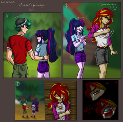 Size: 2155x2142 | Tagged: safe, artist:daazzlin, sci-twi, sunset shimmer, timber spruce, twilight sparkle, human, equestria girls, g4, angry, camp everfree outfits, comic, crying, female, high res, jealous, male, sunset satan, transformation