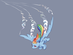 Size: 2732x2048 | Tagged: safe, artist:blue ink, rainbow dash, pegasus, pony, g4, chest fluff, ear fluff, female, flying, gray background, high res, looking at you, mare, one eye closed, one eye open, simple background, solo, spread wings, tail, turbulence, vortex, windswept mane, windswept tail, wings, wink, winking at you