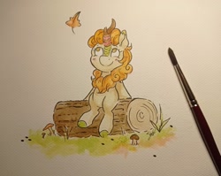 Size: 1802x1431 | Tagged: safe, artist:lightisanasshole, autumn blaze, kirin, g4, autumn, cloven hooves, falling leaves, female, leaf, leaves, log, looking at something, looking up, mushroom, paintbrush, solo, traditional art, watercolor painting