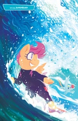 Size: 750x1155 | Tagged: safe, artist:justasuta, idw, rainbow dash, scootaloo, pegasus, pony, g4, comic cover, female, filly, foal, mare, solo focus, surfing, wetsuit