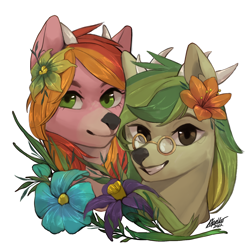 Size: 1500x1500 | Tagged: safe, artist:varllai, oc, oc:plume fi, oc:rhythm fruit, deer, earth pony, pony, bust, commission, couple, flower, flower in hair, portrait, simple background, white background