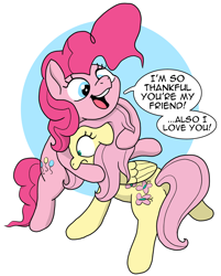 Size: 2688x3342 | Tagged: safe, artist:doodledonutart, fluttershy, pinkie pie, earth pony, pegasus, pony, g4, duo, female, glomp, high res, hug, open mouth, open smile, smiling, wide eyes