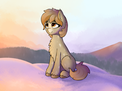 Size: 3535x2635 | Tagged: safe, artist:waffletheheadmare, oc, oc only, oc:polar fluff, earth pony, pony, yakutian horse, chest fluff, female, forest, high res, mare, mountain, multicolored coat, sitting, smiling, snow, tree, winter