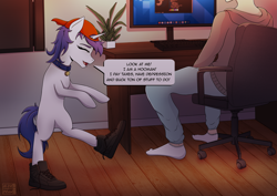 Size: 4059x2877 | Tagged: safe, artist:alicetriestodraw, oc, oc only, oc:anon, oc:mysza, human, pony, unicorn, bipedal, blank flank, blouse, blue eyes, blue mane, chair, clothes, collar, complex background, desk, fedora (os), hat, indoors, linux, meme, monitor, pants, pc, plant, shoes, socks, white fur