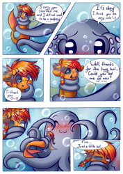 Size: 1052x1488 | Tagged: safe, artist:chaosangeldesu, oc, oc only, oc:flaming hoof, octopus, pony, seapony (g4), :3, blushing, bubble, comic, commission, cute, eyes closed, hug, ocean, smiling, tentacle hugs, tentacles, underwater, water