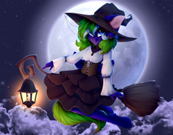 Size: 4000x3126 | Tagged: safe, artist:shinoshai, oc, oc only, oc:aqua grass, pegasus, anthro, unguligrade anthro, broom, cloud, commission, female, flying, flying broomstick, halloween, hat, holiday, lantern, long nails, moon, solo, witch, witch hat