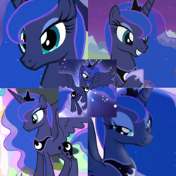 Size: 720x720 | Tagged: safe, edit, editor:megalobronia, screencap, princess luna, alicorn, pony, bloom & gloom, equestria games, g4, sleepless in ponyville, to where and back again, twilight's kingdom, close-up, collage, crown, ethereal mane, jewelry, peytral, regalia, slender, thin, tiara