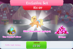 Size: 1266x861 | Tagged: safe, gameloft, idw, applejack (g1), earth pony, pony, g1, g4, my little pony: magic princess, book, bow, bundle, bush, curtains, english, female, freckles, gem, idw showified, mare, mirror, mobile game, numbers, quill, sale, solo, tail, tail bow, text