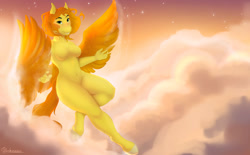 Size: 1280x792 | Tagged: safe, artist:bakvissie, oc, oc:morning sunrise, pegasus, anthro, unguligrade anthro, belly button, breasts, cloud, featureless breasts, featureless crotch, female, flying, hips, mare, pegasus oc, sky, solo, sunrise, thighs