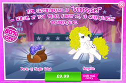 Size: 1960x1301 | Tagged: safe, gameloft, idw, surprise, pegasus, pony, g1, g4, my little pony: magic princess, advertisement, costs real money, curtains, cute, english, female, introduction card, magic coins, mare, numbers, sale, solo, spread wings, text, wings