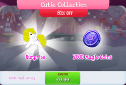 Size: 1263x854 | Tagged: safe, gameloft, surprise, pegasus, pony, g1, g4, idw, my little pony: magic princess, bundle, costs real money, curtains, cute, cutie collection, english, female, magic coins, mare, messy mane, numbers, sale, solo, solo focus, spread wings, text, wings