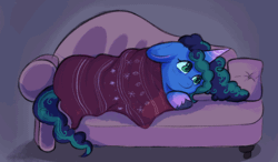 Size: 560x328 | Tagged: safe, artist:kreeeeeez, misty brightdawn, pony, unicorn, g5, animated, blanket, couch, female, flickering, freckles, gif, lying down, mare, sleepy, solo, tired, winter
