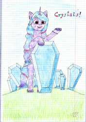 Size: 2470x3494 | Tagged: safe, artist:adamv20, izzy moonbow, crystal pony, pony, unicorn, the crystal empire 10th anniversary, g5, bipedal, bracelet, crystal, crystallized, ear piercing, earring, female, friendship bracelet, graph paper, grass, high res, jewelry, open mouth, piercing, solo, traditional art, unshorn fetlocks
