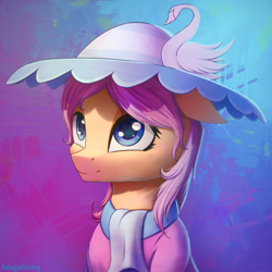 Size: 2000x2000 | Tagged: safe, artist:adagiostring, swan song, earth pony, pony, g4, background pony, bust, clothes, commission, cute, dress, female, hair, hat, headshot commission, high res, looking up, mare, portrait, solo, wide eyes