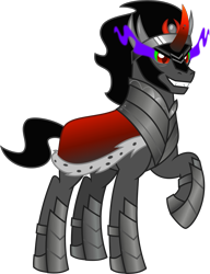 Size: 1755x2288 | Tagged: safe, artist:lightningbolt, derpibooru exclusive, king sombra, pony, unicorn, g4, .svg available, antagonist, armor, cape, clothes, crown, curved horn, fangs, gradient horn, grin, horn, jewelry, looking at you, male, raised hoof, regalia, short tail, show accurate, simple background, smiling, solo, sombra eyes, stallion, svg, tail, transparent background, vector