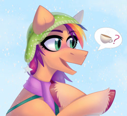 Size: 1170x1071 | Tagged: safe, artist:rtootb, sunny starscout, earth pony, pony, g5, my little pony: make your mark, my little pony: make your mark chapter 3, winter wishday, spoiler:g5, spoiler:winter wishday, clothes, happy, hat, hooves, looking at someone, mane stripe sunny, raised hoof, simple background, smiling, snow, snowfall, snowflake, solo, winter, winter outfit