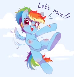 Size: 1010x1049 | Tagged: safe, artist:melodylibris, rainbow dash, pegasus, pony, g4, bandaid, bandaid on nose, cute, dashabetes, dialogue, female, filly, filly rainbow dash, flying, open mouth, ponytail, redraw, scrapes, solo, talking to viewer, underhoof, younger