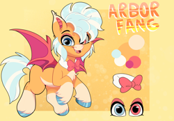 Size: 1958x1361 | Tagged: safe, artist:joaothejohn, oc, oc only, oc:arbor fang, bat pony, pony, bat pony oc, bowtie, commission, cute, fangs, flying, looking at you, reference sheet, simple background, solo, text, wings