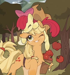 Size: 1600x1718 | Tagged: safe, artist:zhen8558, apple bloom, applejack, earth pony, pony, adorabloom, apple, apple bloom riding applejack, apple bloom's bow, apple sisters, apple tree, applejack's hat, basket, bow, cowboy hat, cute, eyes closed, female, filly, foal, food, grin, hair bow, hat, jackabetes, mare, one eye closed, pony hat, siblings, sisters, smiling, toy, tree