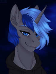 Size: 1620x2160 | Tagged: safe, artist:enderbee, oc, oc only, oc:orion, pony, unicorn, blue background, blue eyes, bust, clothes, commission, hoodie, male, portrait, simple background, solo, stallion
