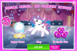 Size: 1958x1300 | Tagged: safe, gameloft, idw, glory, pony, unicorn, g1, g4, my little pony: magic princess, advertisement, bow, costs real money, english, female, horn, introduction card, magic, mare, numbers, sale, solo, tail, tail bow, text, vortex