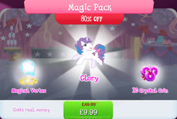 Size: 1268x854 | Tagged: safe, gameloft, idw, glory, pony, unicorn, g1, g4, my little pony: magic princess, bow, bundle, costs real money, english, female, horn, magic, magic pack, mare, numbers, sale, solo, tail, tail bow, text, vortex