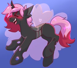 Size: 1163x1029 | Tagged: safe, artist:goblinkimg, oc, oc only, oc:heartstring fiddler, changeling, blushing, gradient background, heart wings, pink changeling, pink mane, pink tail, solo, tail