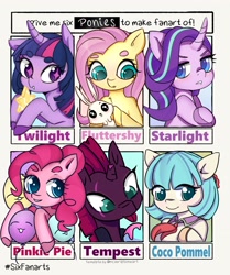 Size: 2572x3072 | Tagged: safe, artist:fd, angel bunny, coco pommel, fluttershy, pinkie pie, starlight glimmer, tempest shadow, twilight sparkle, earth pony, pegasus, pony, unicorn, g4, balloon, broken horn, high res, horn, six fanarts, tongue out