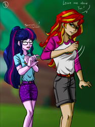 Size: 991x1317 | Tagged: safe, artist:daazzlin, sci-twi, sunset shimmer, twilight sparkle, human, comic:sunset's jealousy, equestria girls, g4, angry, camp everfree outfits, cropped, duo, female, implied lesbian, implied shipping, implied sunsetsparkle