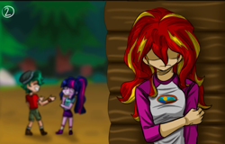 Size: 1067x684 | Tagged: safe, artist:daazzlin, sci-twi, sunset shimmer, timber spruce, twilight sparkle, human, comic:sunset's jealousy, equestria girls, g4, my little pony equestria girls: legend of everfree, camp everfree outfits, cropped, female, jealous, male, shipping, straight, timbertwi, trio