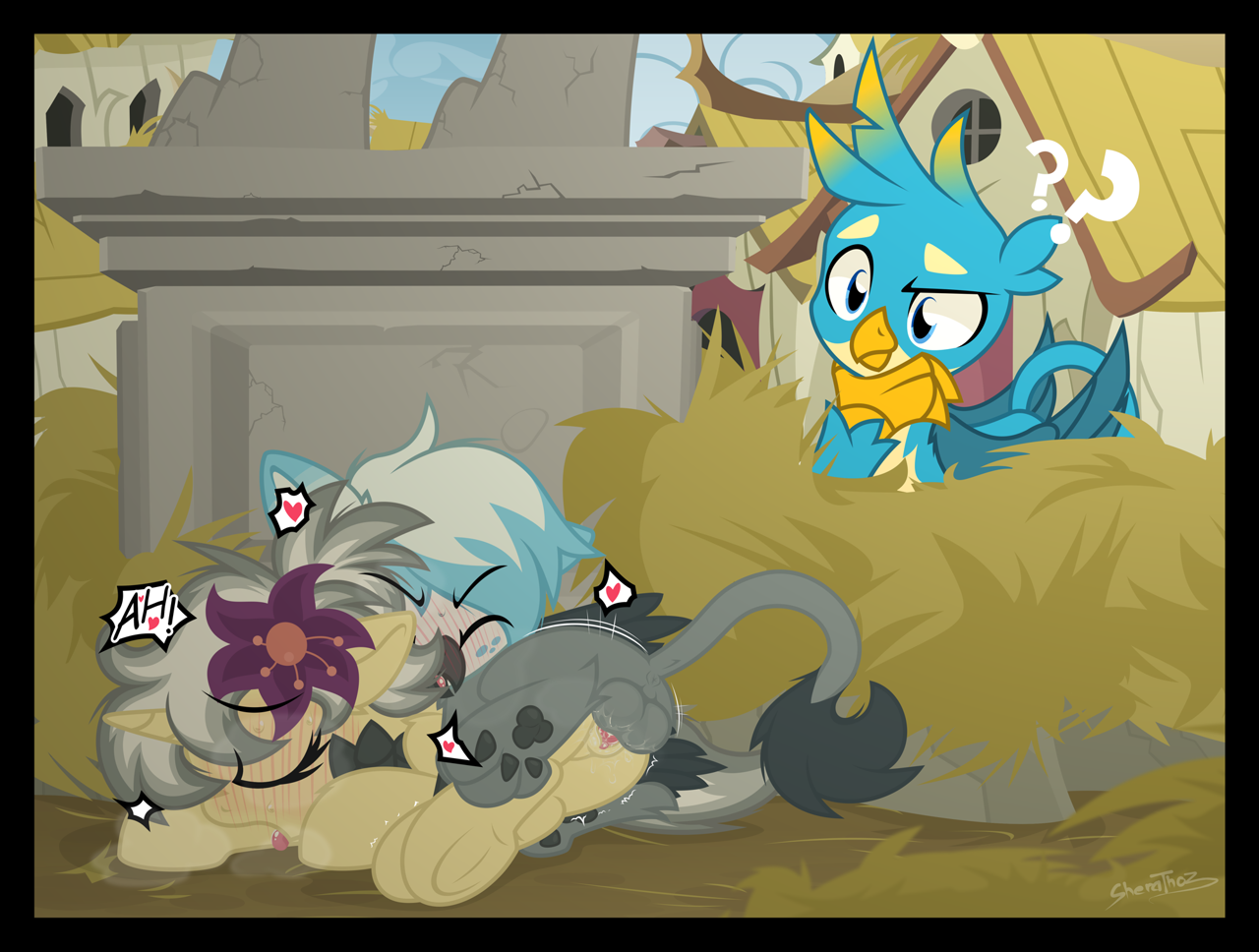 2995605 - explicit, artist:sherathoz, gallus, oc, oc:mercury shine, griffo...