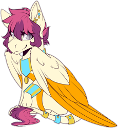 Size: 1274x1384 | Tagged: safe, artist:certhewitch, oc, oc only, oc:nephthys, oc:nephthys (certhewitch), oc:zafina, sphinx, colored belly, colored pupils, colored wings, dark belly, ear piercing, earring, female, gray eyes, hair over eyes, jewelry, large wings, leonine tail, looking at you, paws, piercing, pink mane, pink tail, simple background, sitting, slit pupils, smiling, smiling at you, solo, sphinx oc, tail, transparent background, two toned wings, wing fluff, wings, yellow coat