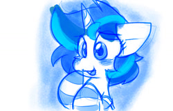 Size: 1280x823 | Tagged: safe, artist:zutcha, shining armor, pony, unicorn, g4, blushing, bust, clothes, colored sketch, eye clipping through hair, female, gleaming shield, mare, monochrome, open mouth, open smile, rule 63, smiling, socks, solo, striped socks