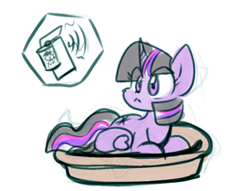 Size: 1034x864 | Tagged: safe, artist:zutcha, twilight sparkle, alicorn, pony, g4, :<, behaving like a cat, can opener, colored sketch, eye clipping through hair, female, lying down, mare, pet bed, pony pet, prone, simple background, solo, twilight sparkle (alicorn), white background