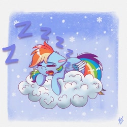 Size: 1280x1280 | Tagged: safe, artist:galaxy swirl, rainbow dash, pegasus, pony, g4, cloud, colored eyebrows, cute, dashabetes, eyebrows, eyes closed, female, mare, on a cloud, onomatopoeia, open mouth, signature, sleeping, snoring, snow, snowfall, solo, sound effects, wings, zzz