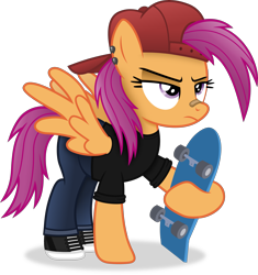 Size: 3657x3891 | Tagged: safe, artist:anime-equestria, scootaloo, pegasus, pony, g4, '90s, 2000s, 2010s, alternate clothes, alternate hairstyle, backwards ballcap, bandaid, bandaid on nose, baseball cap, cap, clothes, cool, denim, ear piercing, female, hat, high res, jeans, mare, older, older scootaloo, pants, piercing, shoes, simple background, skate, skateboard, skater, solo, spread wings, tomboy, transparent background, vector, wings