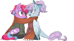 Size: 1920x1080 | Tagged: safe, artist:metaruscarlet, oc, oc:iris breeze, oc:lilac, pegasus, pony, unicorn, 2023 community collab, derpibooru community collaboration, blushing, bow, clothes, coat, cute, duo, ear piercing, earring, female, freckles, hair bow, jewelry, leonine tail, lesbian, looking at each other, looking at someone, mare, oc x oc, open mouth, piercing, scarf, shared clothing, shared scarf, shipping, simple background, sitting, socks, stockings, sweater, tail, thigh highs, transparent background