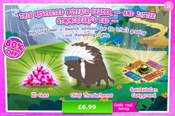 Size: 1962x1300 | Tagged: safe, gameloft, chief thunderhooves, bison, buffalo, g4, my little pony: magic princess, advertisement, bowl, camp, cauldron, cloven hooves, costs real money, cup, english, feather, gem, headress, horns, introduction card, ladle, male, numbers, sale, solo, spoon, text