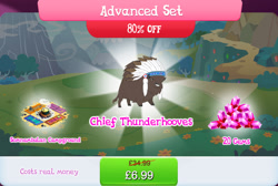 Size: 1263x851 | Tagged: safe, chief thunderhooves, buffalo, official, bowl, bundle, camp, cauldron, cloven hooves, costs real money, cup, english, feather, gameloft, gem, headress, horns, ladle, male, numbers, sale, solo, solo focus, spoon, text